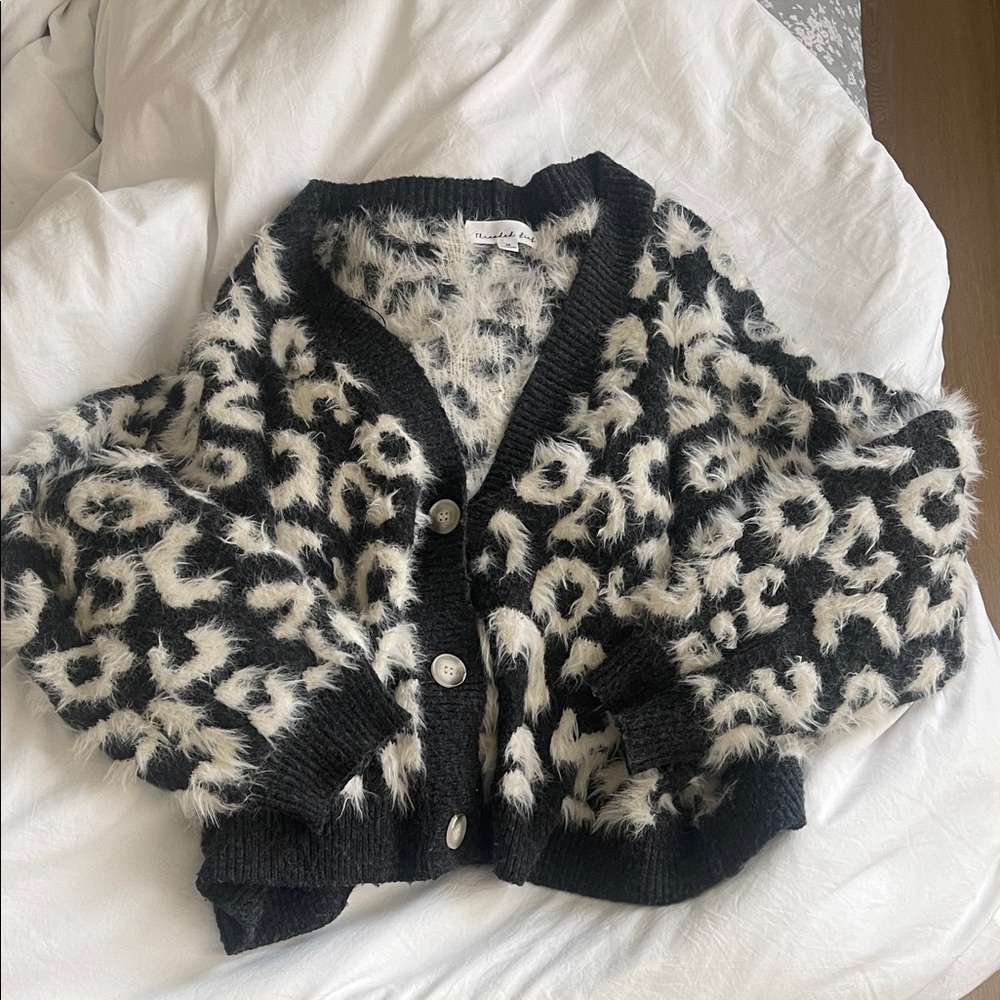 Grey and  White spotted Fuzzy Cardigan